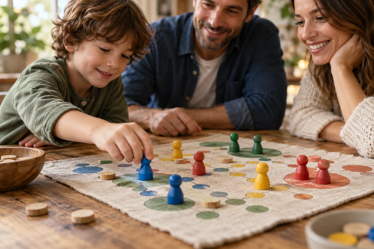 Famiglia attorno a un gioco con pedine