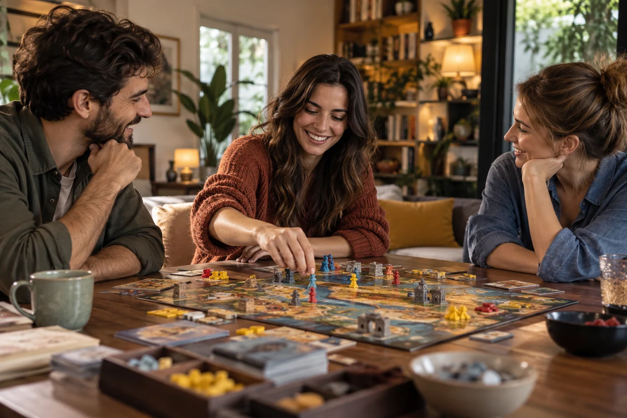 Tre persone discutono una mossa in un gioco da tavolo